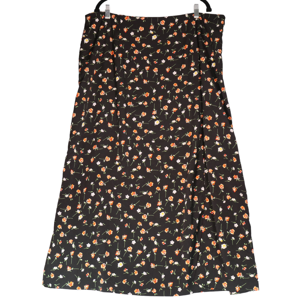 Shein Midi Skirt Womens 4X Black Floral Faux Wrap Offset Front Slit Artsy Boho
